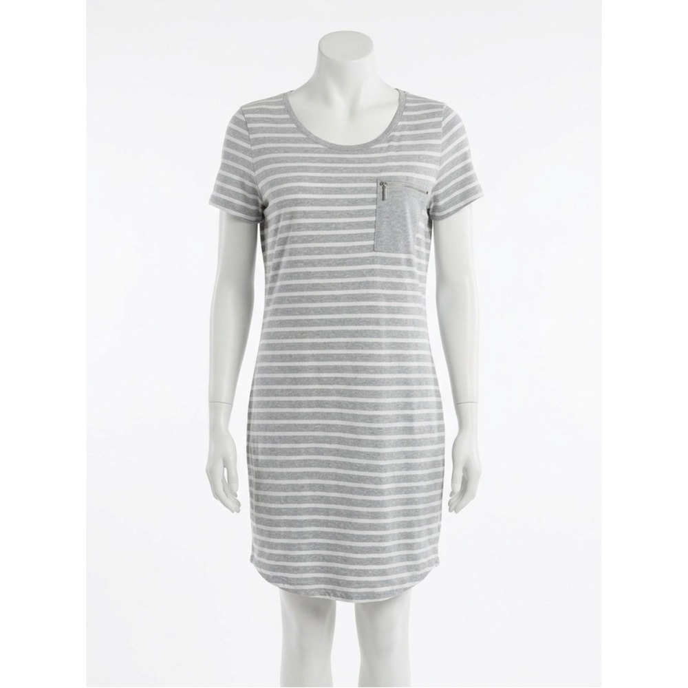 Michael Kors Striped Mini T Shirt Dress Zipper Pocket Casual Preppy Grey Med